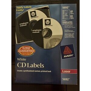 Avery 5692 Laser CD Labels White Disc Opened Box 12 Sheets, 24 Labels